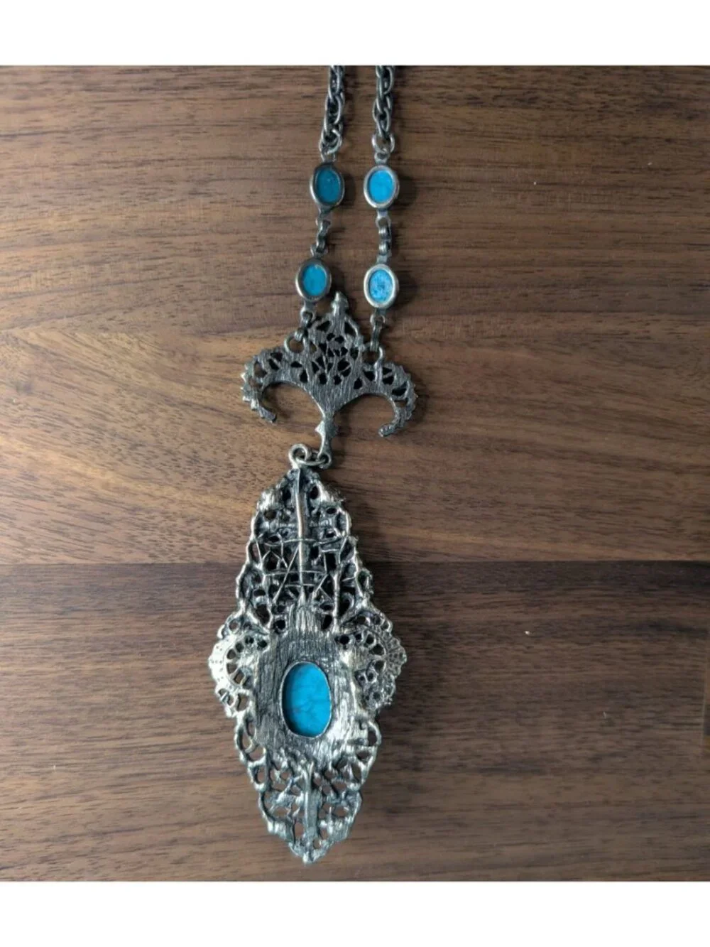 Vintage Silver-Tone Filigree Pendant Necklace With‎ Faux Turquoise Stones